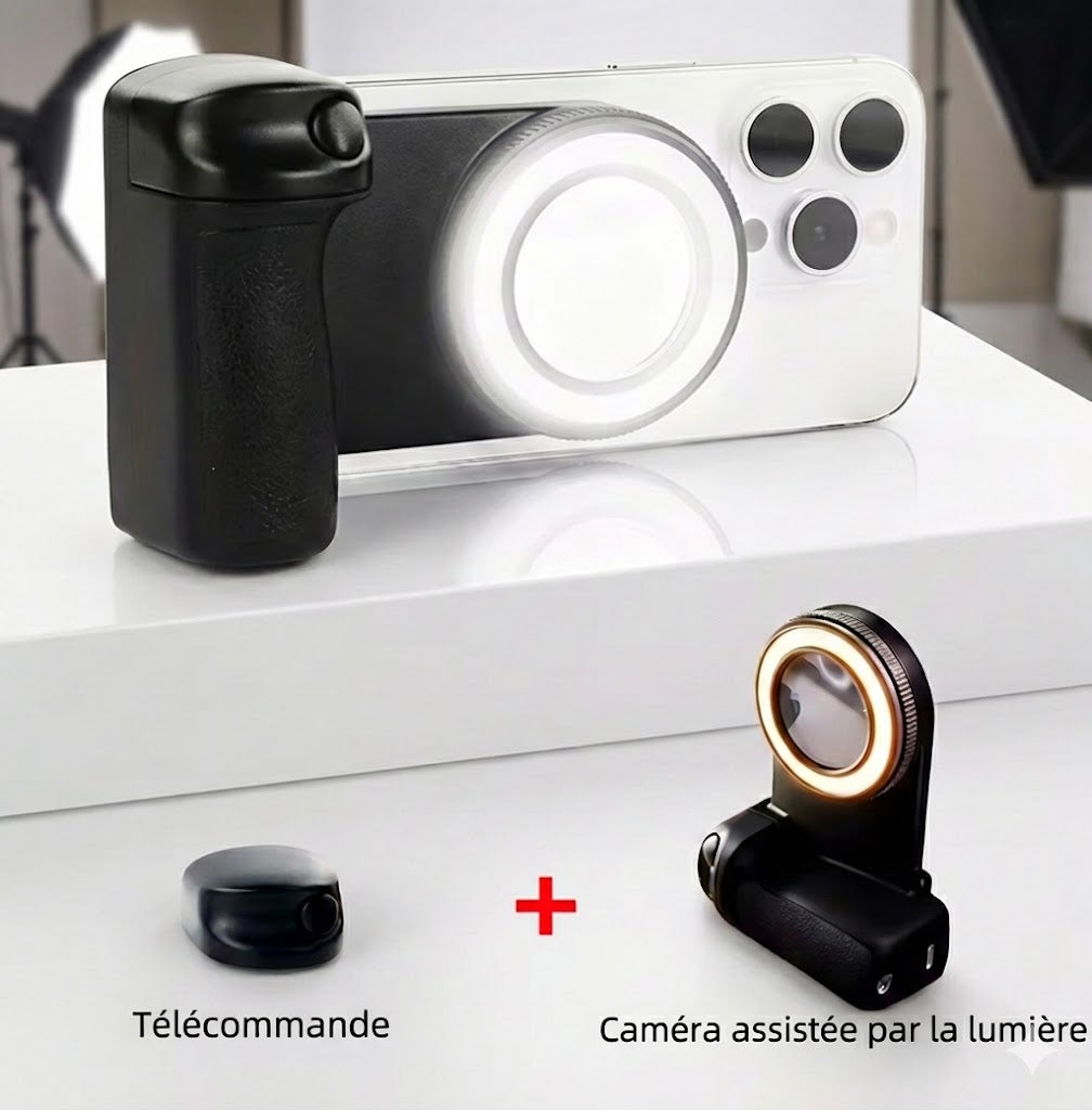 Grip MagSafe 2025 avec Déclencheur Bluetooth & Lumière LED – Stabilisateur Photo/Vidéo pour iPhone & Android