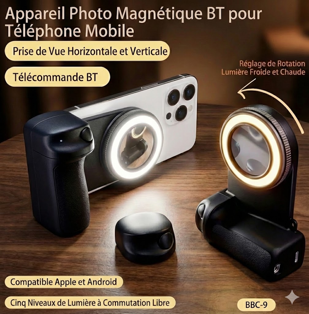 Grip MagSafe 2025 avec Déclencheur Bluetooth & Lumière LED – Stabilisateur Photo/Vidéo pour iPhone & Android