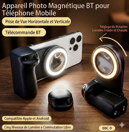 Grip MagSafe 2025 avec Déclencheur Bluetooth & Lumière LED – Stabilisateur Photo/Vidéo pour iPhone & Android